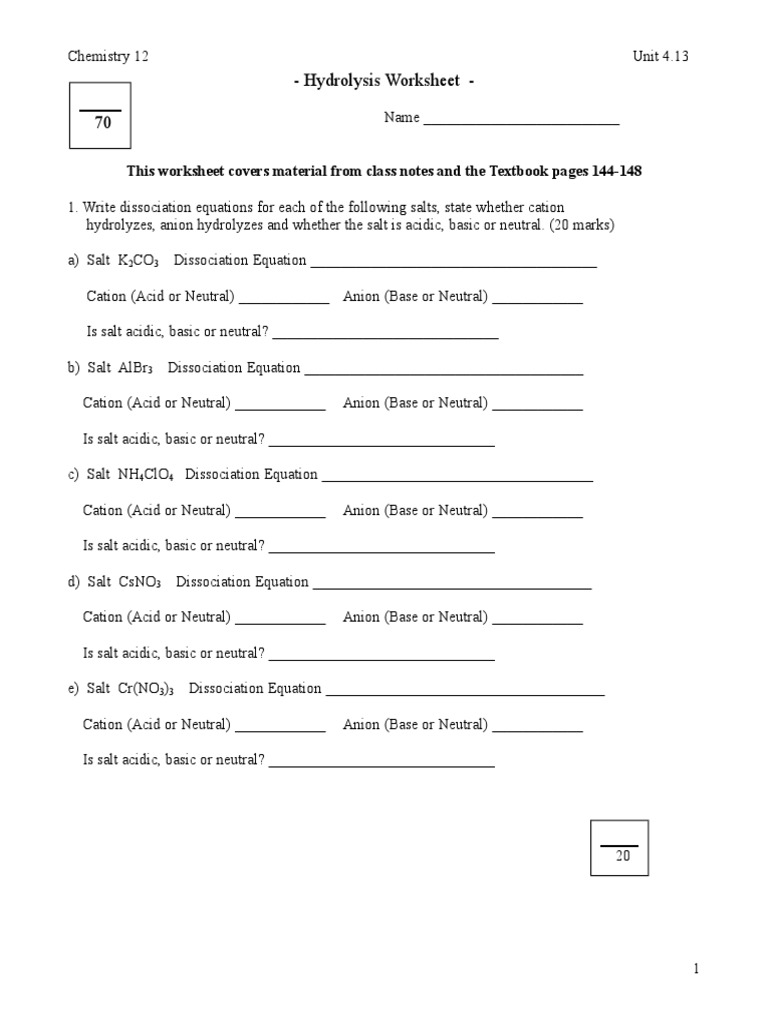4.13 Hydrolysis WS | PDF | Salt (Chemistry) | Hydrolysis