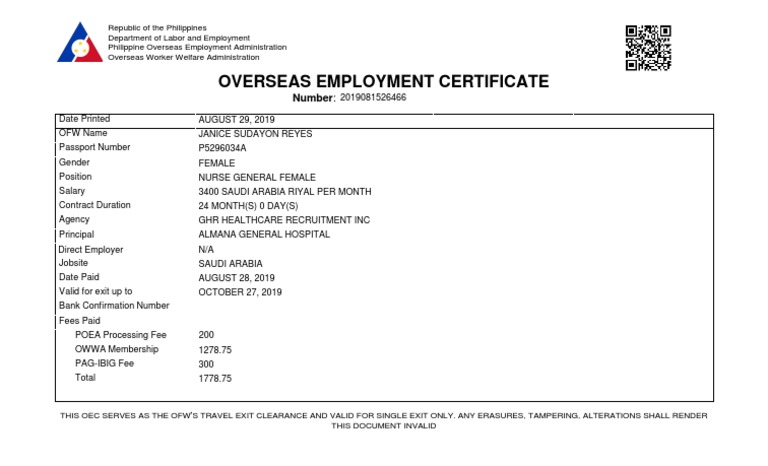Overseas Employment Certificate Details | PDF