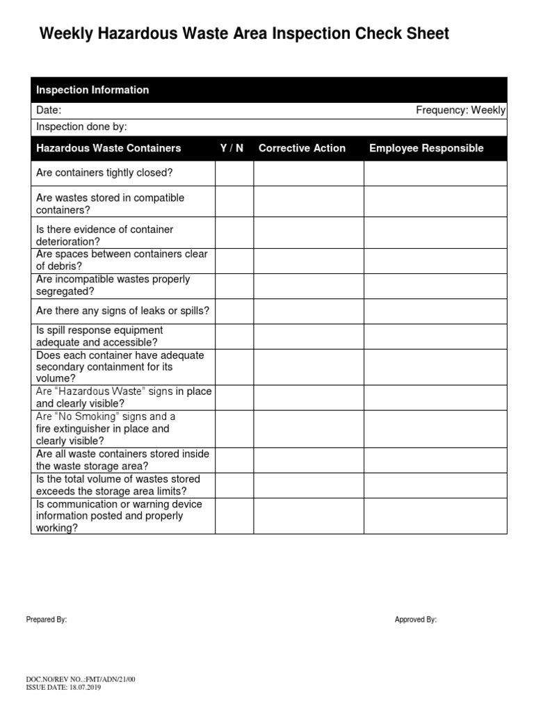 Weekly Hazardous Waste Inspection Checklist | PDF | Science ...
