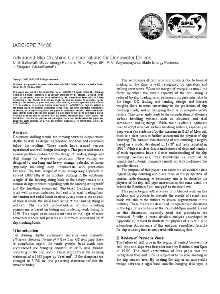 IADC/SPE 74488 Advanced Slip Crushing Considerations For Deepwater