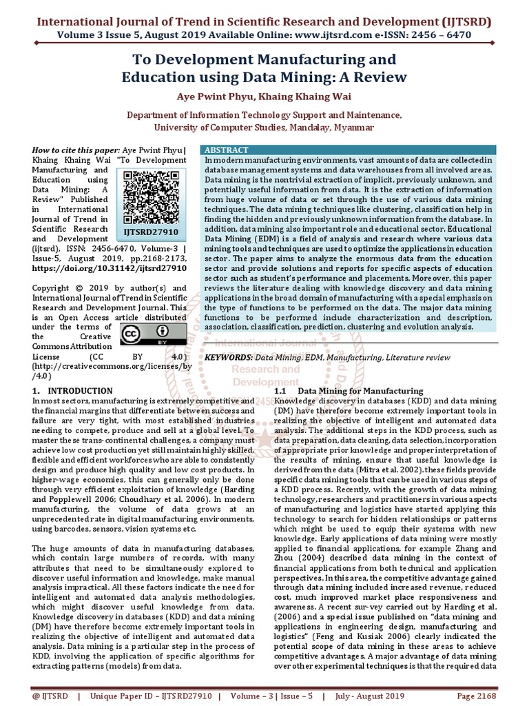 To Development Manufacturing and Education Using Data Mining A Review ...