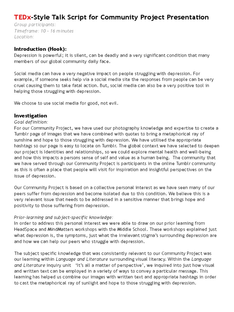 TEDx Talk Script: Hope for Depression | PDF | Social Media | Popular ...
