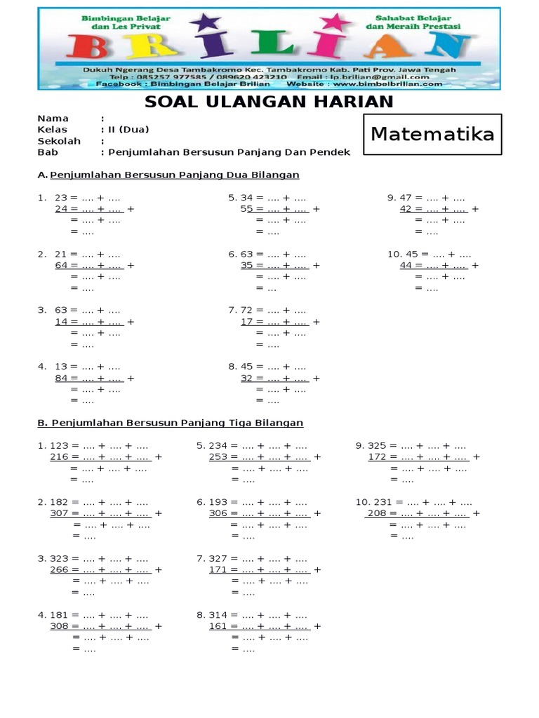 Penjumlahan Bersusun Panjang Kelas 1 Sd Sekali