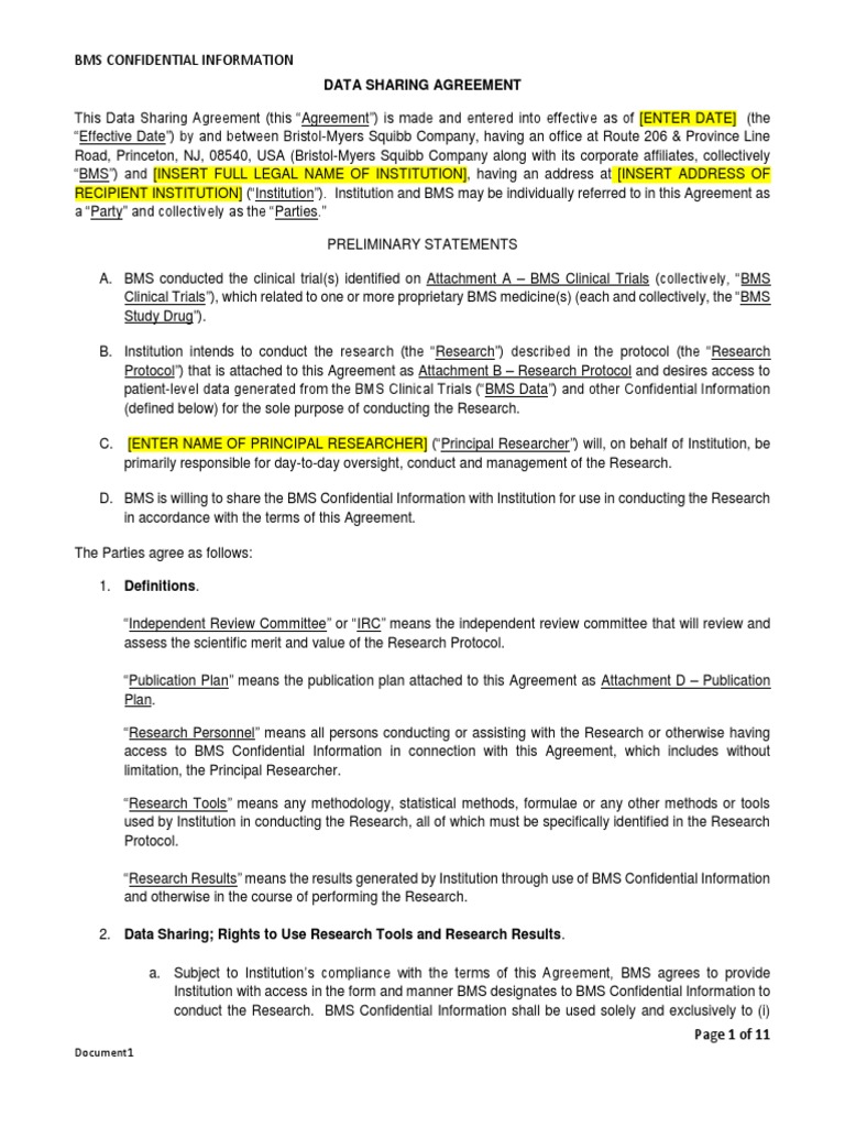BMS Data Sharing Agreement Template | PDF | Patent Application | License