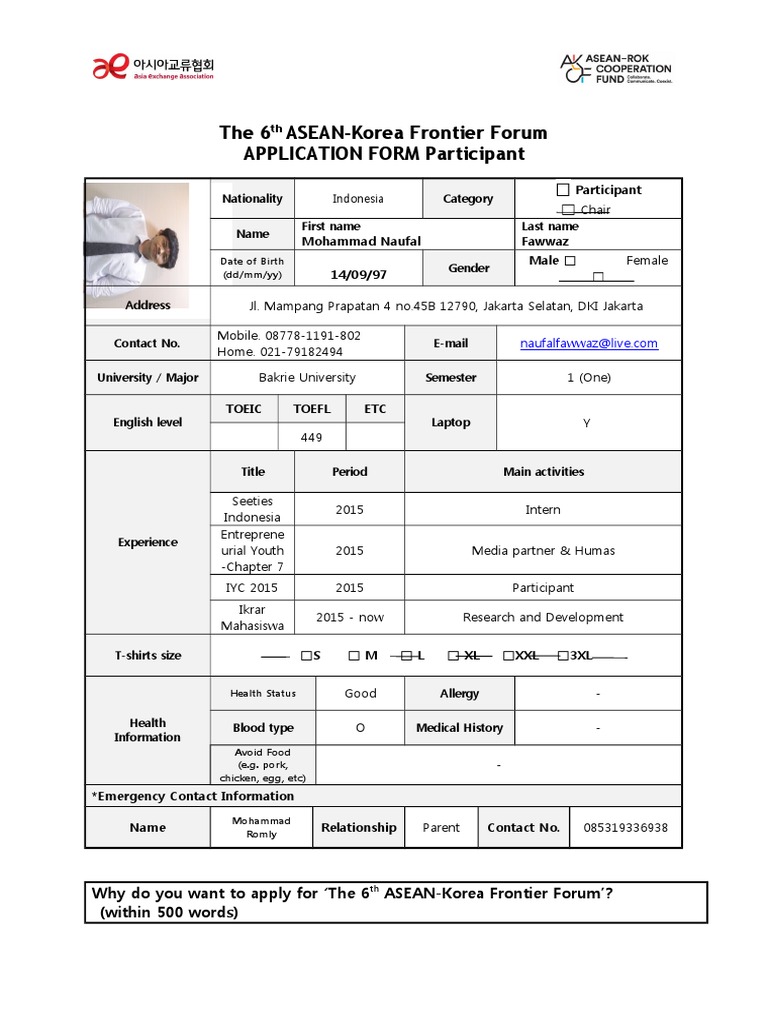 ASEAN-Korea Forum Application Form | PDF | Association Of Southeast ...