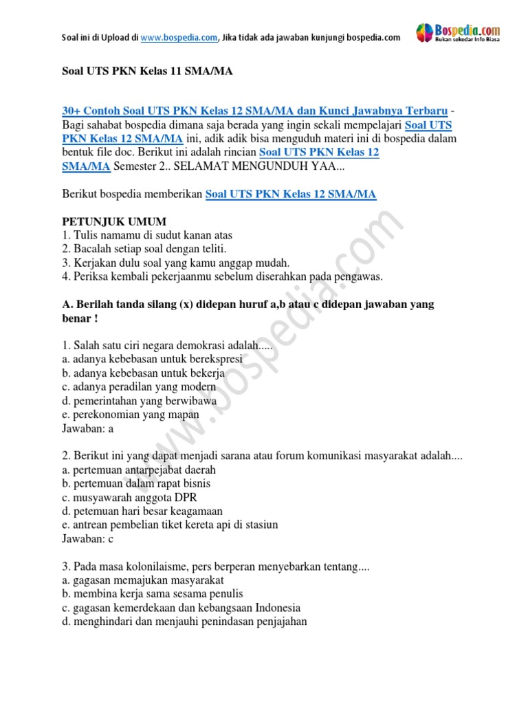 30 Contoh Soal Uts Pkn Kelas 12 Sma Ma Dan Kunci Jawabnya Pdf