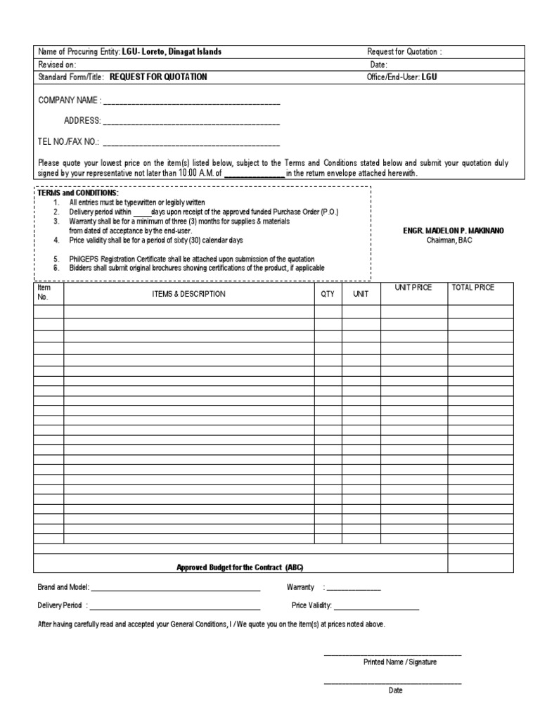 LGU Loreto Request for Quotation Template | PDF | Government | Business