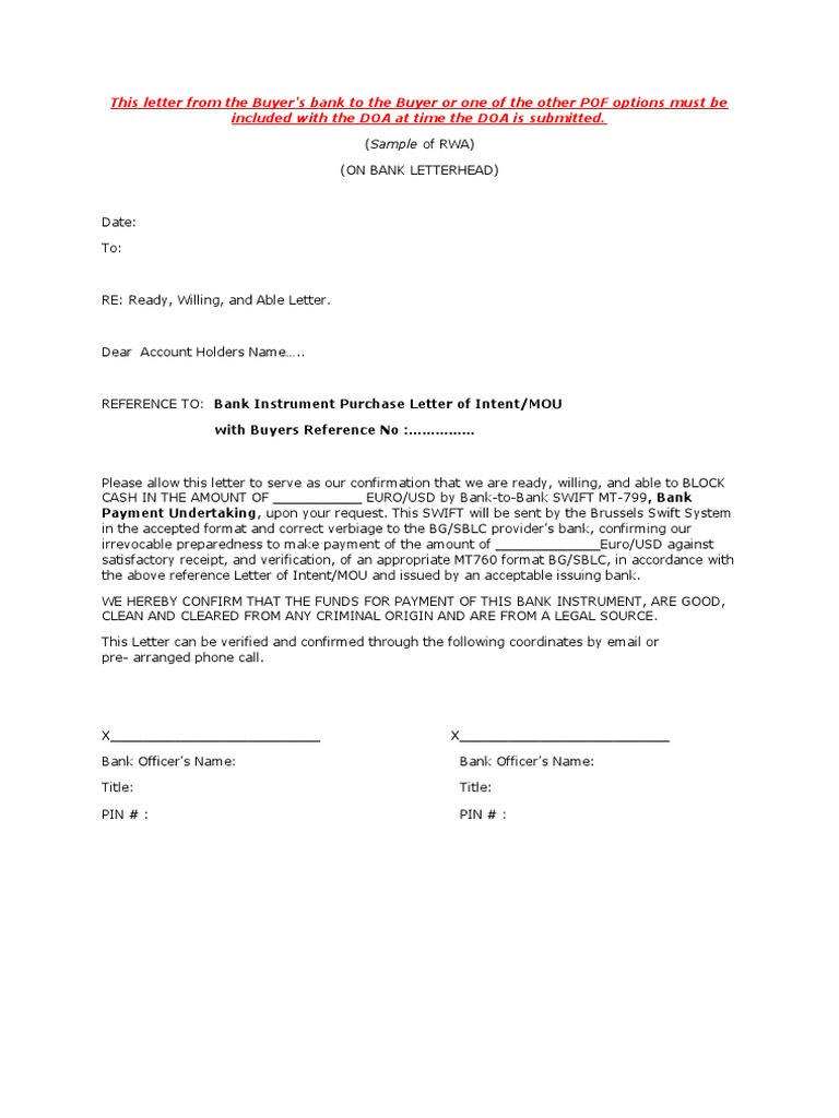RWA Letter Sample for Bank Guarantee | PDF