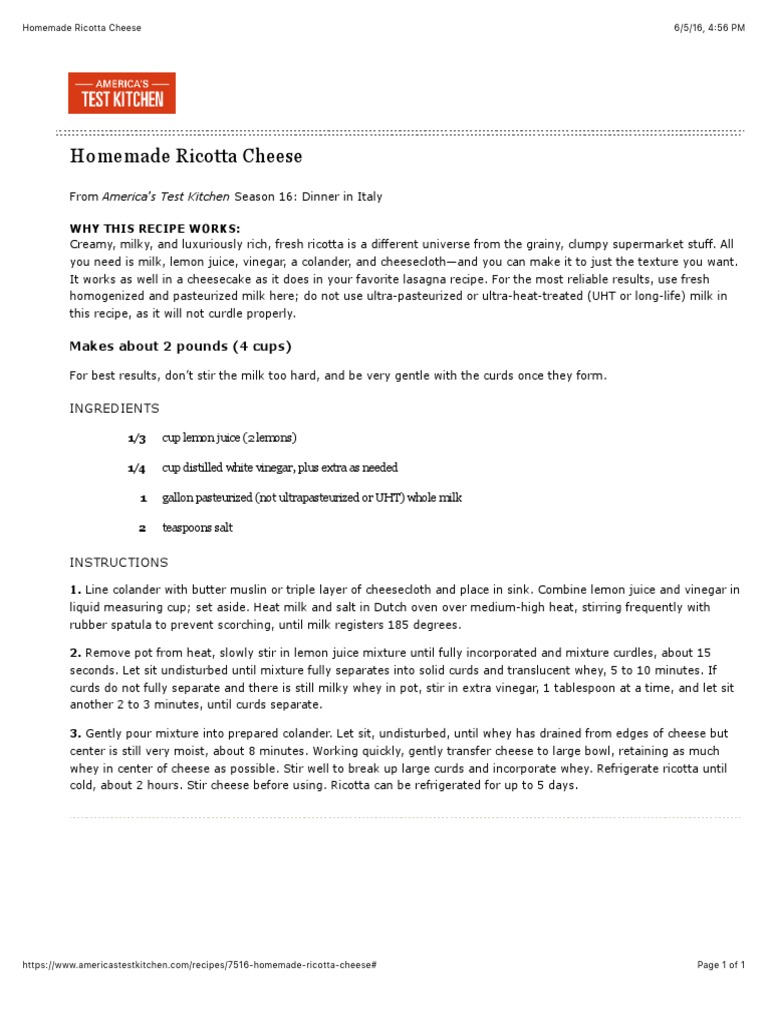 Homemade Ricotta Cheese Pdf Ricotta Milk
