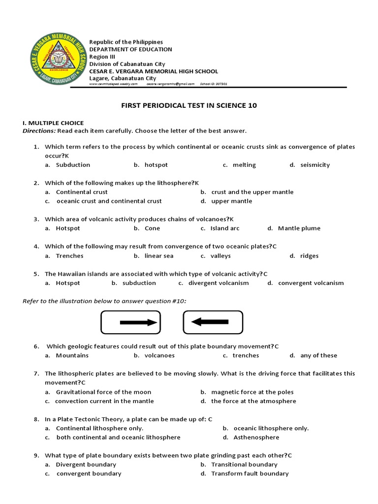 Science 10 First Periodical Test | PDF | Plate Tectonics | Mantle (Geology)