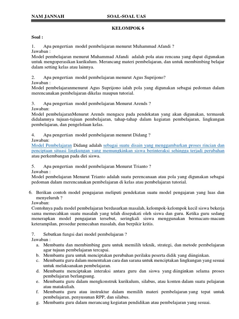 Soal Soal Strategi Pembelajaran Matematika