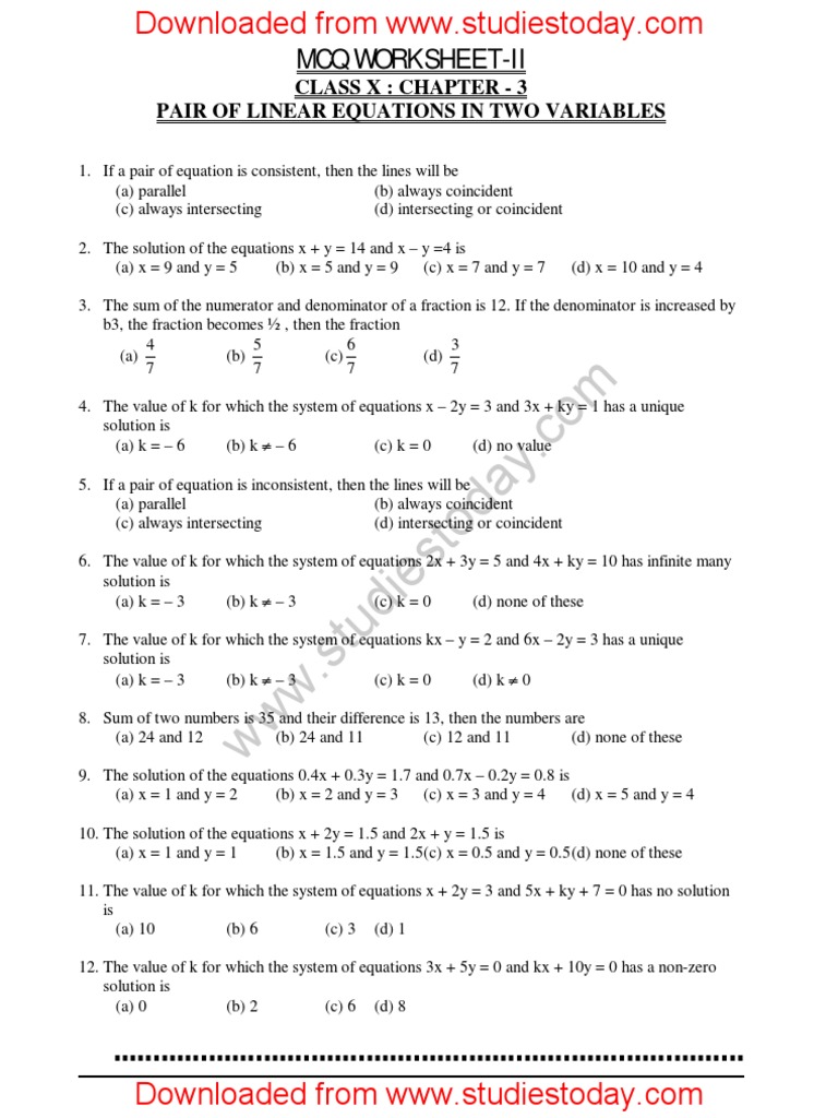 CBSE Class 10 Pair of Linear Equations MCQs Set B PDF Equations