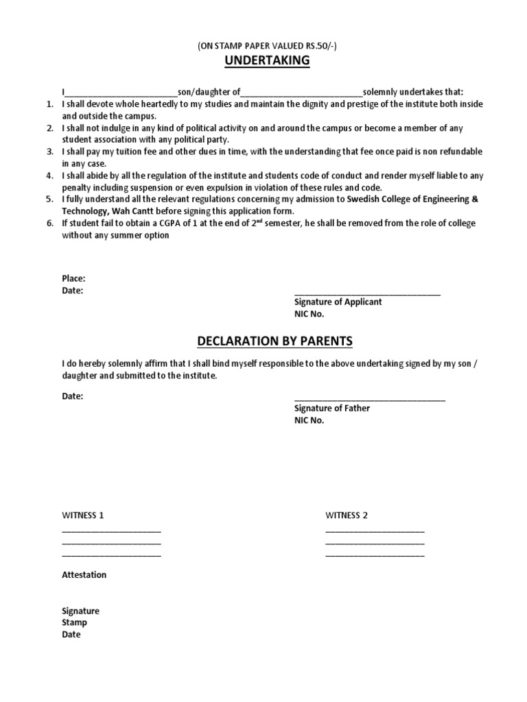 Undertaking: Technology, Wah Cantt Before Signing This Application Form ...