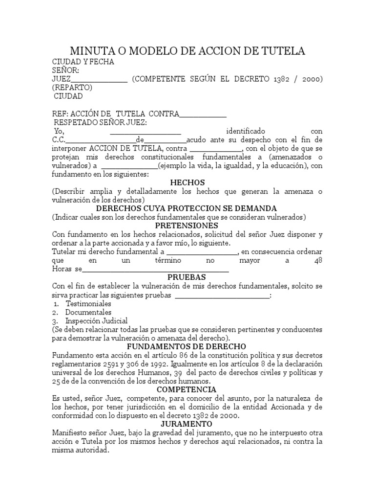 Minuta o Modelo de Accion de Tutela | PDF | Derecho Constitucional ...