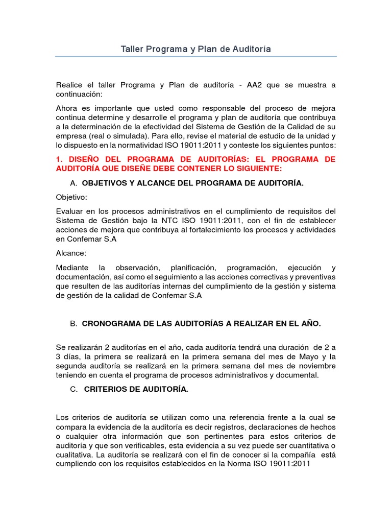 Taller Programa y Plan de Auditoria-AA2 | PDF | Auditoría | Planificación