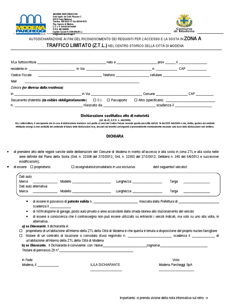 Autodichiarazione Ztlintegrazione