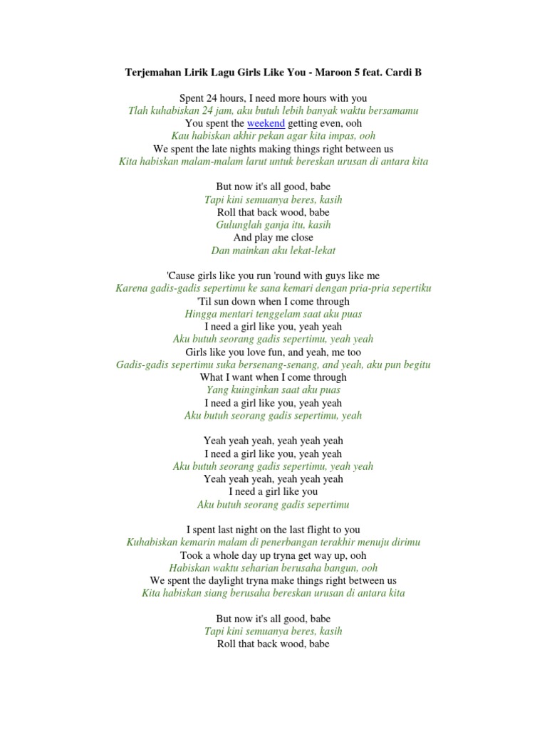 Terjemahan Lirik Lagu Girls Like You Pdf