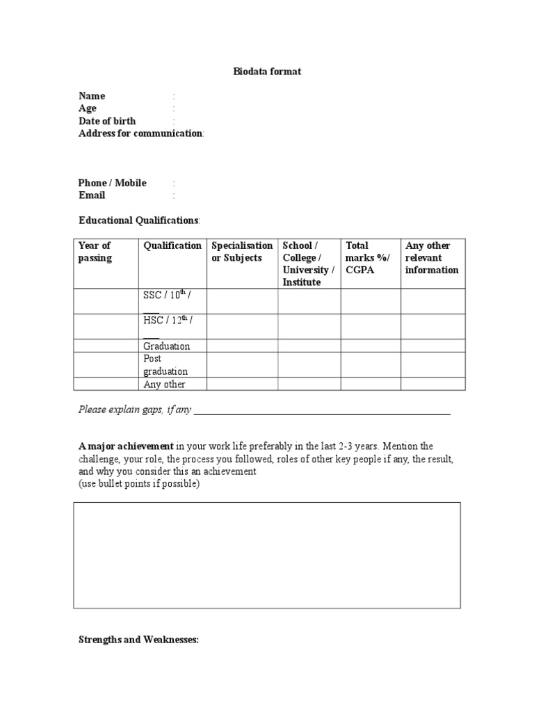 Comprehensive Biodata Format Template | PDF | Career & Growth | Business