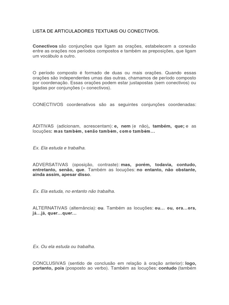 Lista De Articuladores Textuais Ou Conectivos.: Ex. Ela estuda e ...