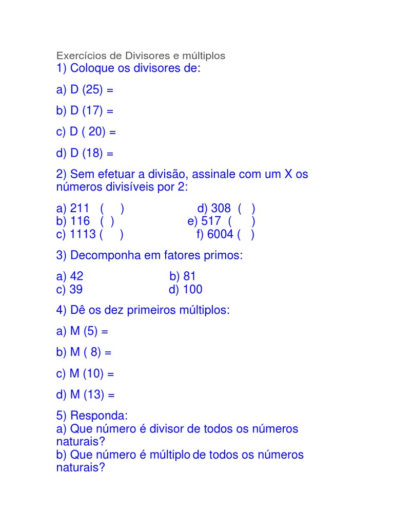 Exercícios de Divisores e Múltiplos | PDF | Teoria dos Números | Números