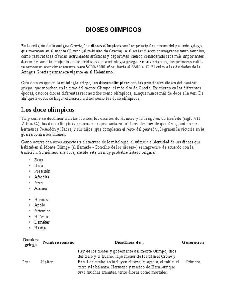 Dioses Olímpicos de la Mitología Griega | PDF | Doce olímpicos ...