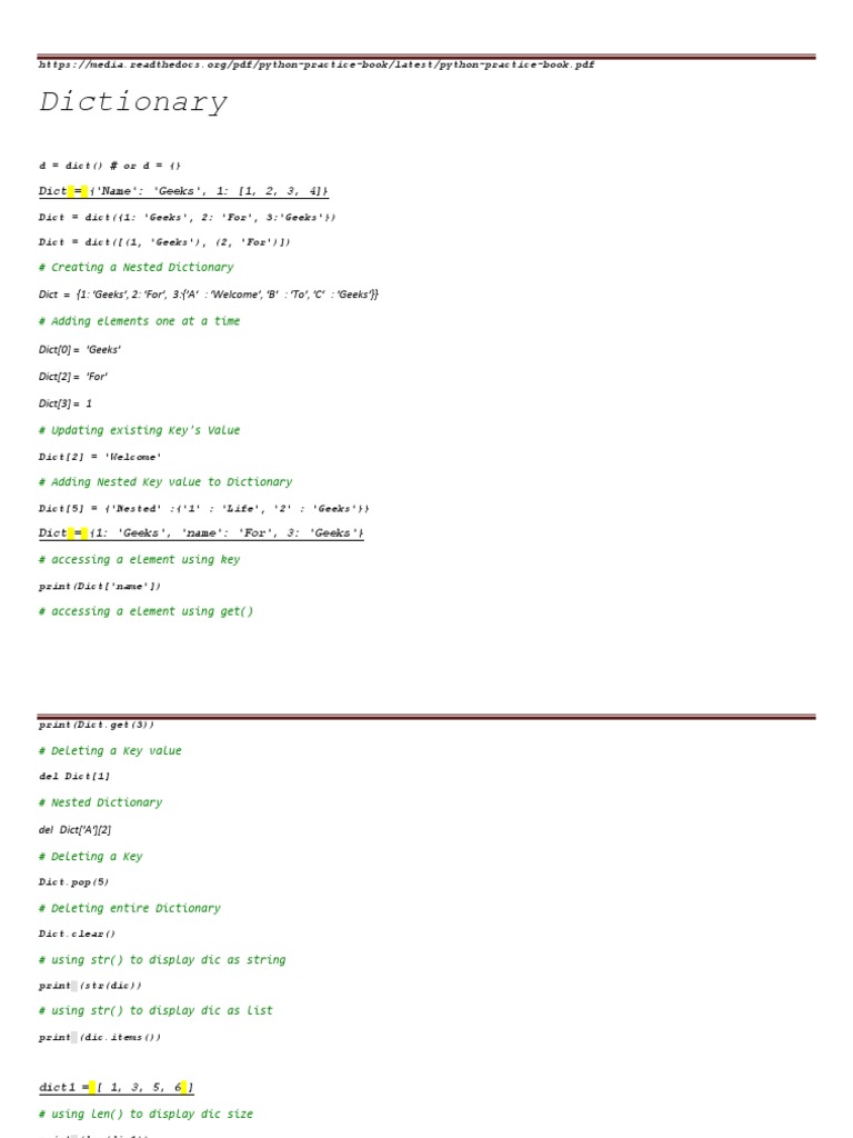 Dictionary: Dict ('Name': 'Geeks', 1: (1, 2, 3, 4) ) | PDF | Algorithms ...