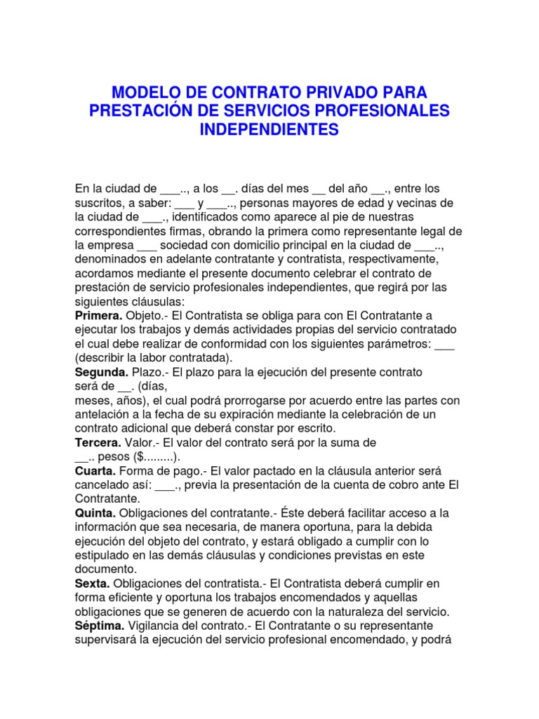 Modelo de Contrato Privado para Prestación de Servicios Profesionales  Independientes | PDF | Gobierno | Justicia