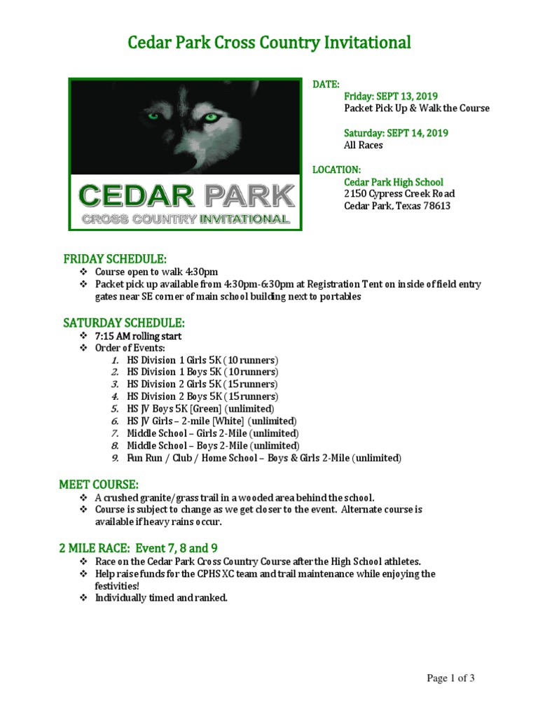 Cedar Park Cross Country Invitational Friday Schedule PDF Sports