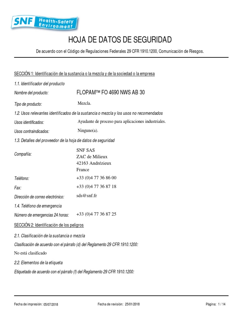 Flopam Fo 4690 NWS Ab 30 PDF | PDF | Oxígeno | Residuos