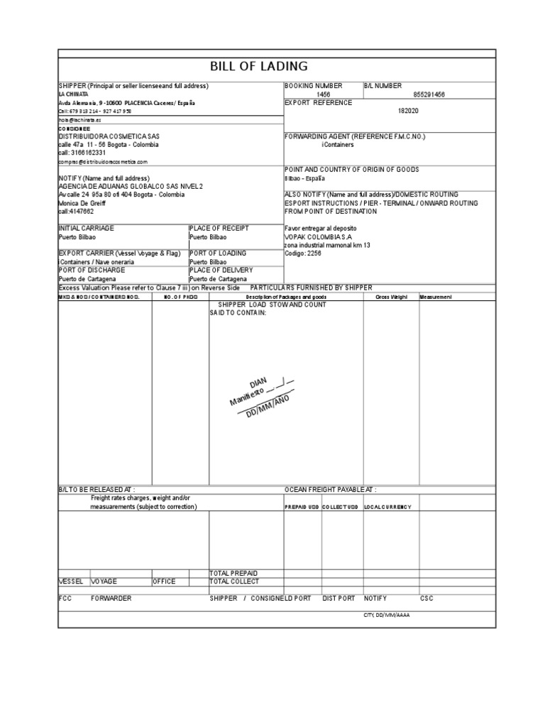 Bill of Lading: Call: 679 313 214 927 417 958 Hola lachinata Es