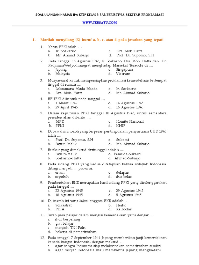 Soal Soal Ips Ktsp Kelas 5 Semester 2 Peristiwa Sekitar Proklamasi