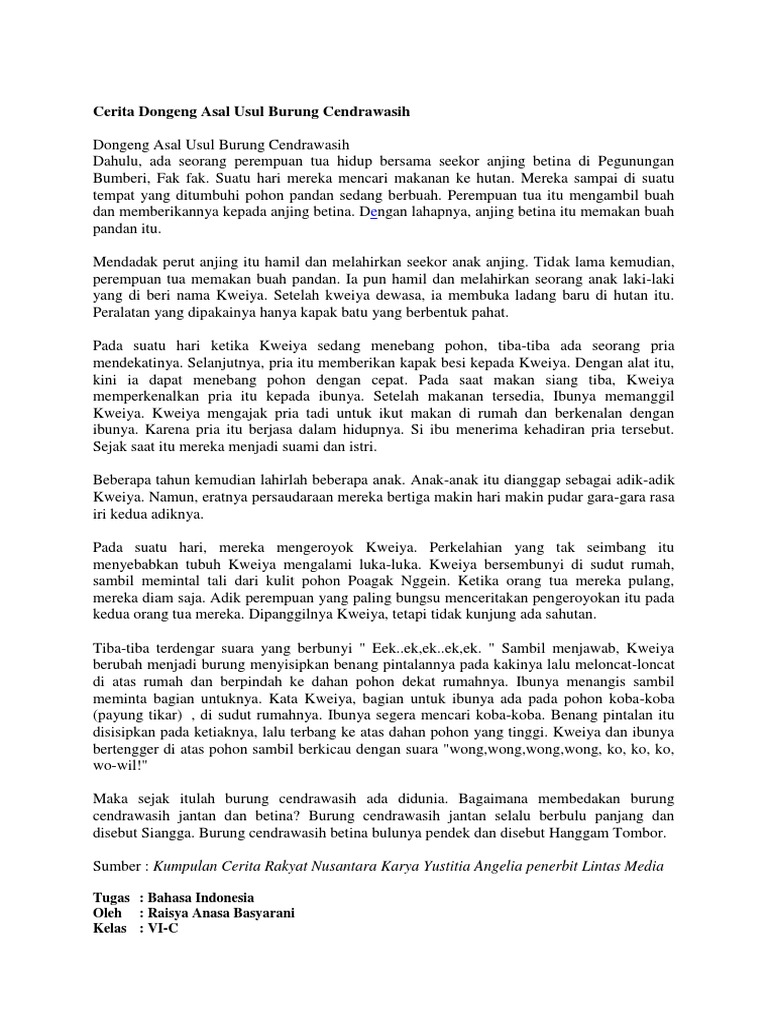 Cerita Dongeng Asal Usul Burung Cendrawasih Docx