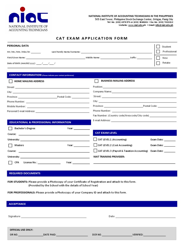 Cat Exam Application Form Personal Data PDF Accounting Business
