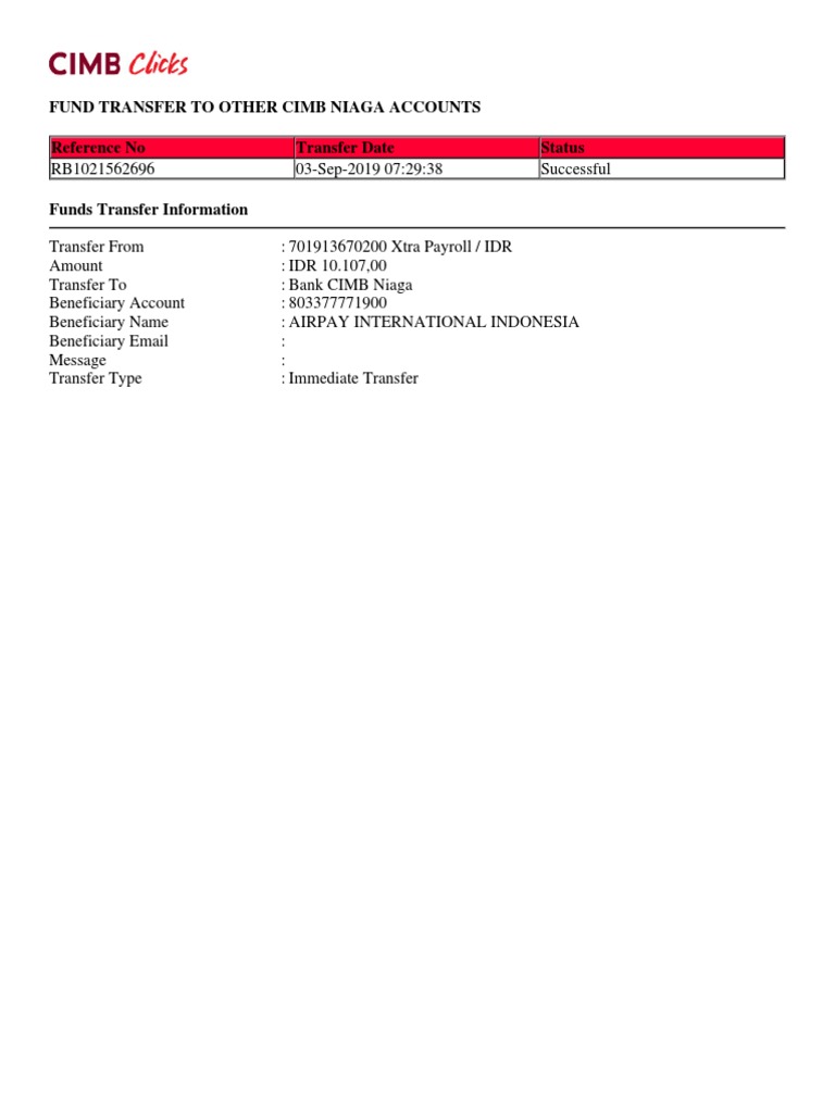 Fund Transfer To Other Cimb Niaga Accounts Reference No Transfer Date ...