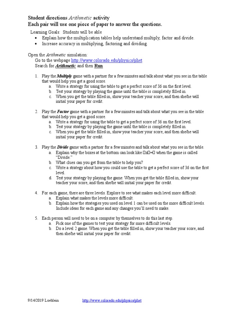 Arithmetic Activity Directions | PDF | Multiplication | Teaching ...