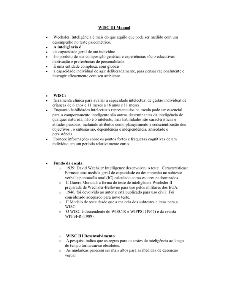 WISC III Manual | PDF | Quociente de inteligência | Inteligência