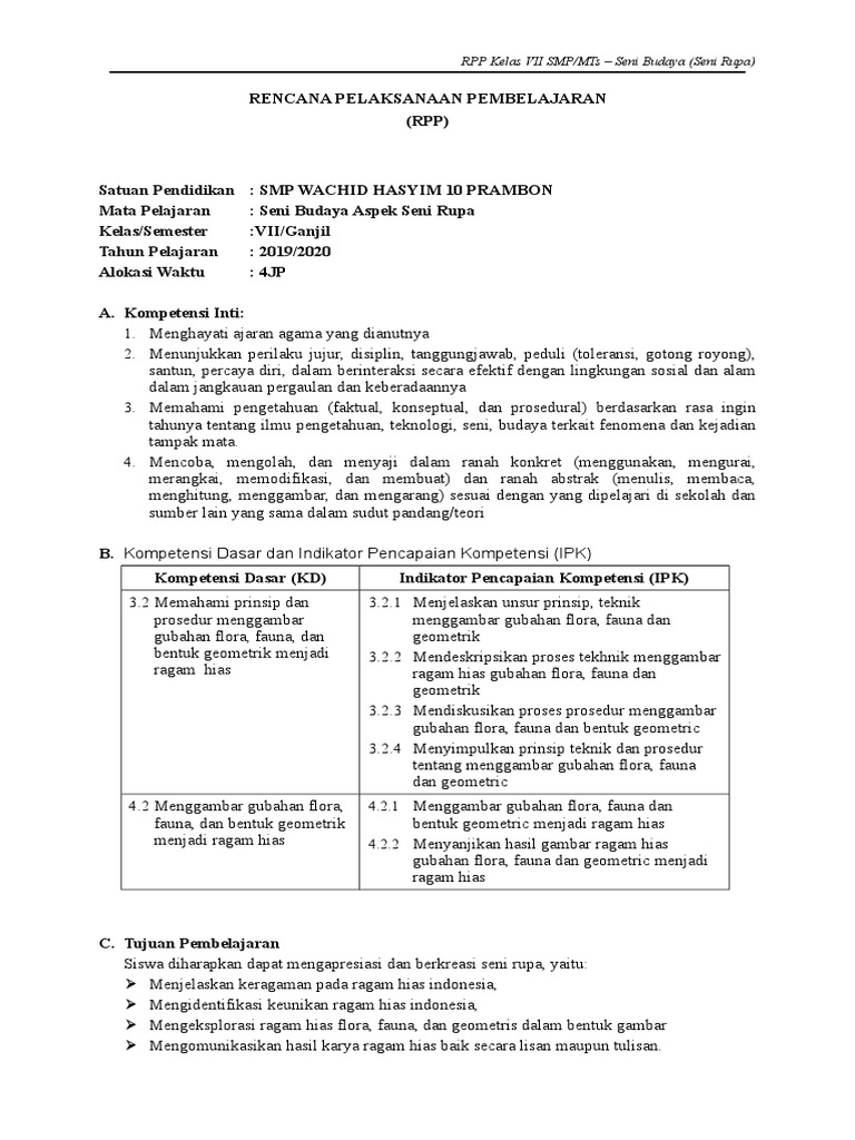 RPP Seni Rupa Kelas VII | PDF