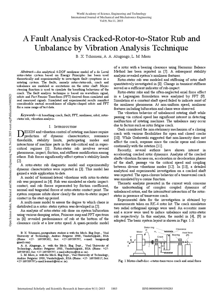A Fault Analysis Cracked Rotor To Stator Rub and Unbalance by Vibration