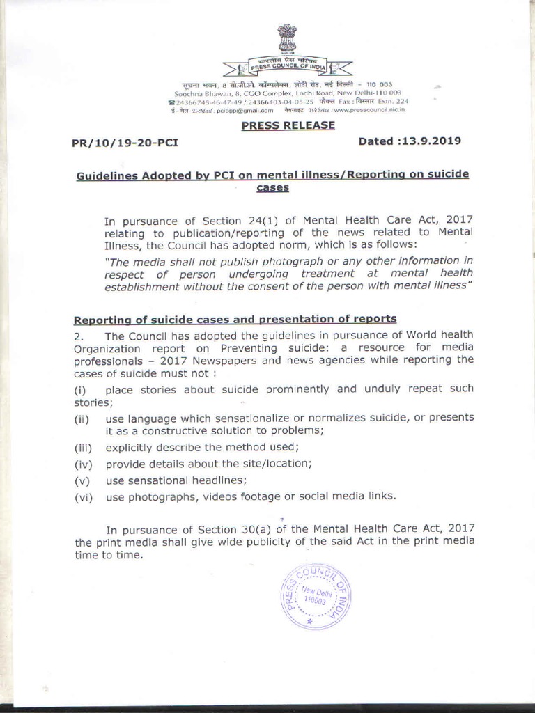 2019 Guidelines Adopted by PCI On Mental Illness / Reporting On Suicide ...