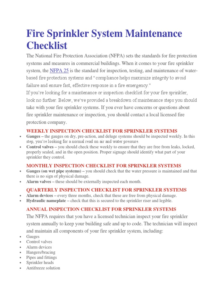 Fire Sprinkler System Maintenance Checklist PDF Fire Sprinkler