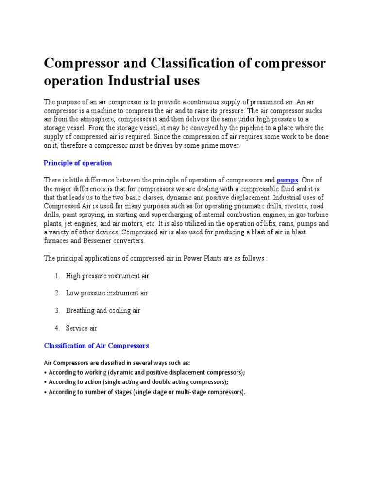 Compressor and Classification of Compressor Operation Industrial Uses ...
