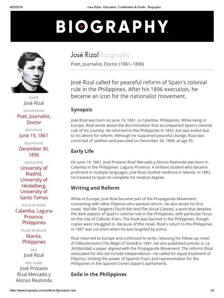 Jose Rizal - Education, Contribution & Death - Biography | PDF ...