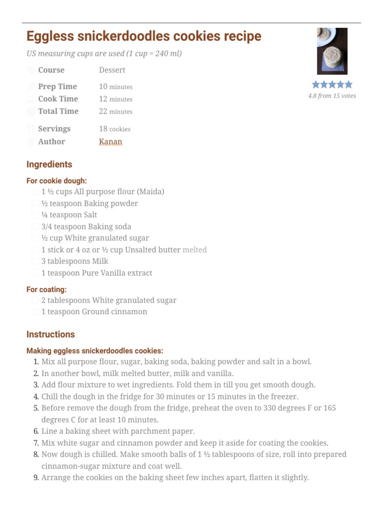 Eggless Snickerdoodle Cookies Recipe (Eggless Snickerdoodles Recipe) PDF