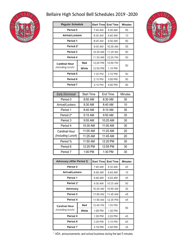 Bellaire High School Bell Schedules 201 9 - 2020 | PDF