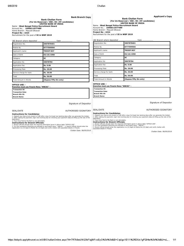 Bank Branch Copy Bank Challan Form Applicant's Copy Bank Challan Form ...