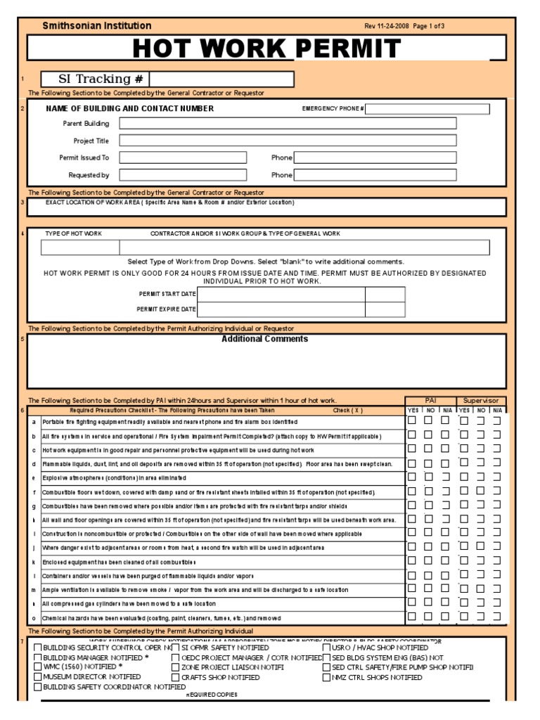 Smithsonian Hot Work Permit Guidelines | PDF | Fires | Safety