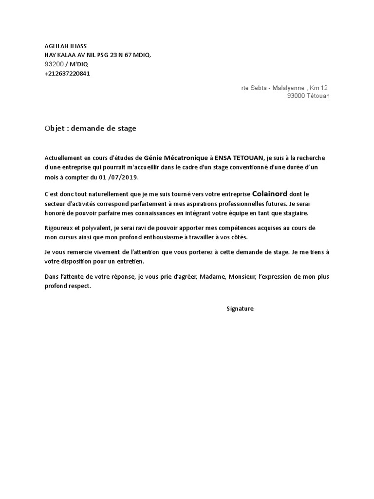 Demande De Stage Un Modele De Lettre De Motivation Pdf