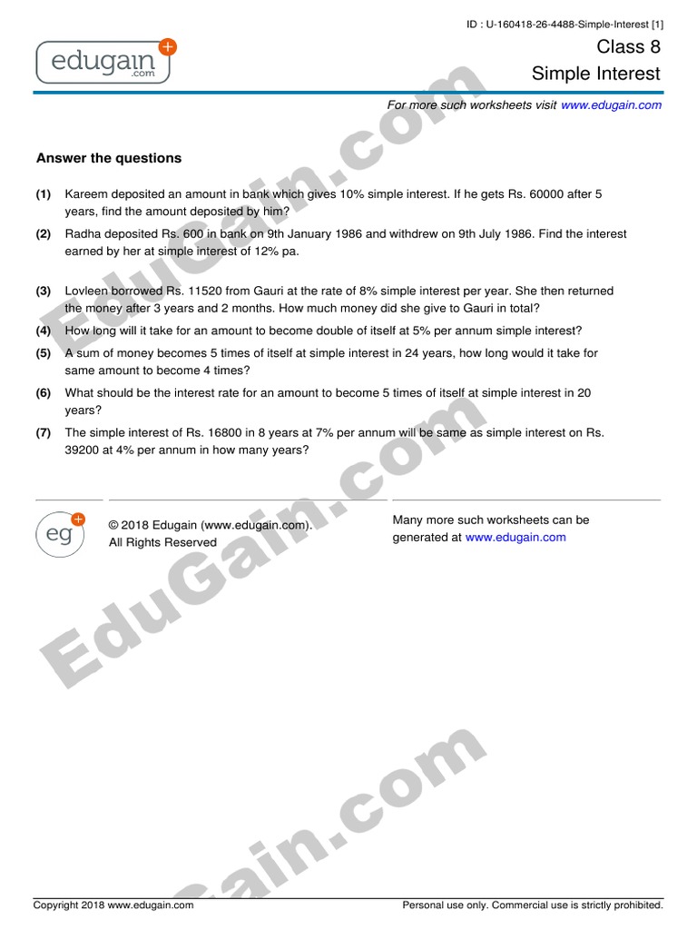 Class 8 Simple Interest: Answer The Questions | PDF