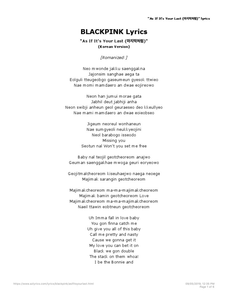 Blackpink As If It S Your Last Lyrics Pdf
