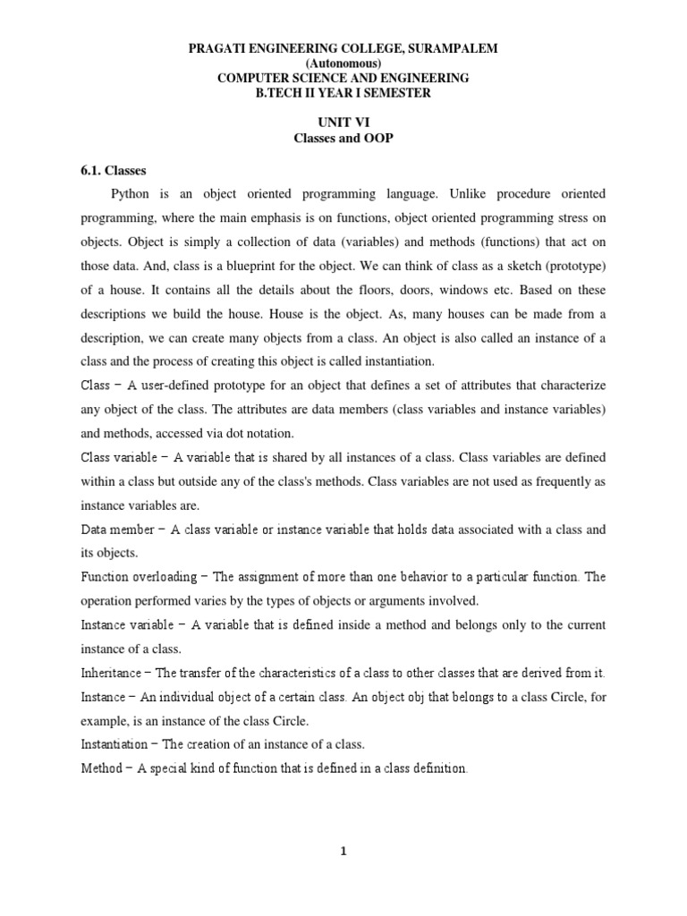 Unit Vi Classes and OOP 6.1. Classes | PDF | Class (Computer ...